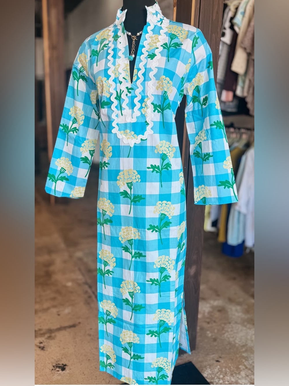 Sail to Sable Blue Gingham Yellow Hydrangea Floral Caftan Dress XS Extra Small - Picture 3 of 7